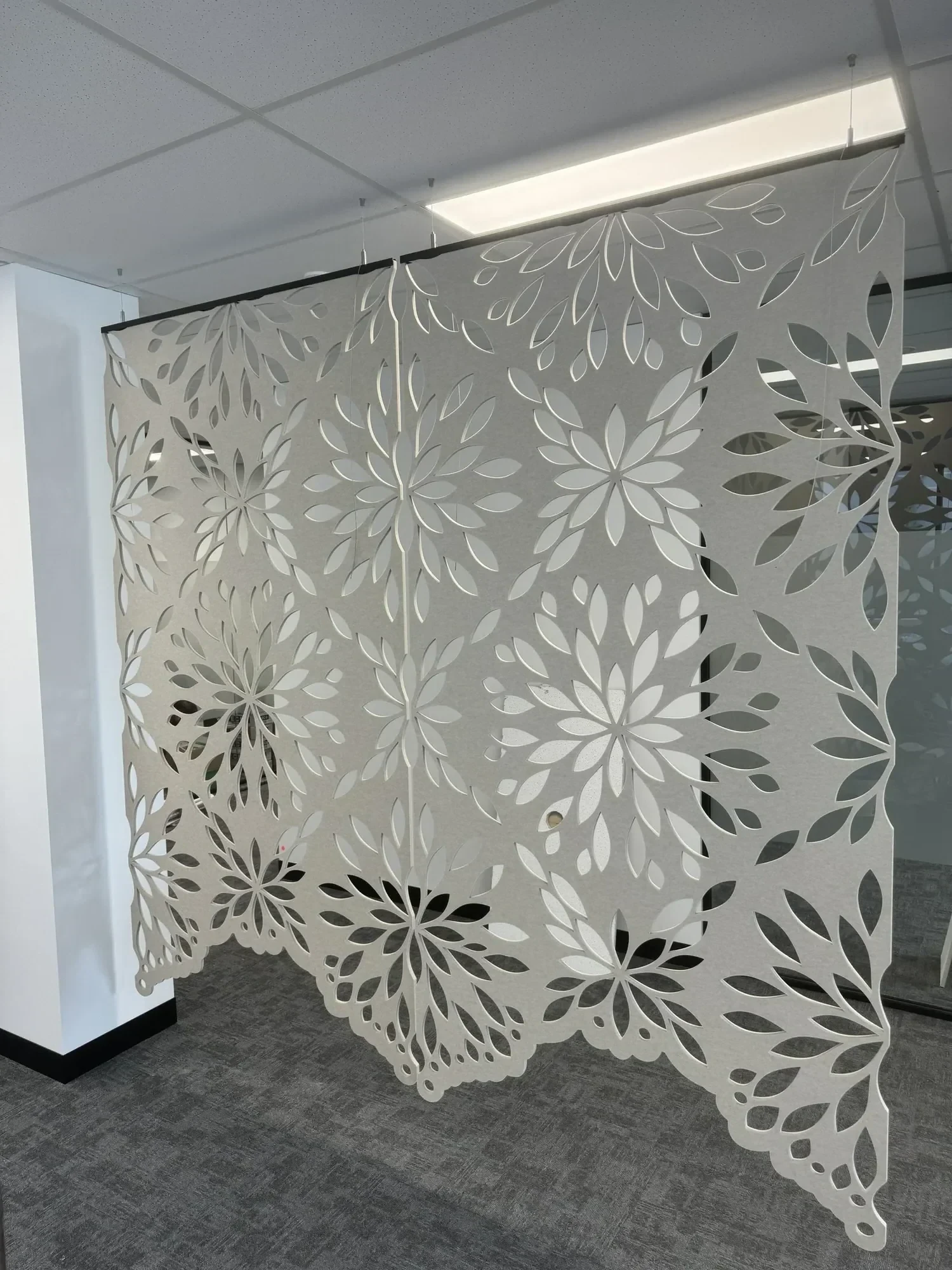 Acoustic room dividers Brisbane — hanging acoustic screens in a commercial install