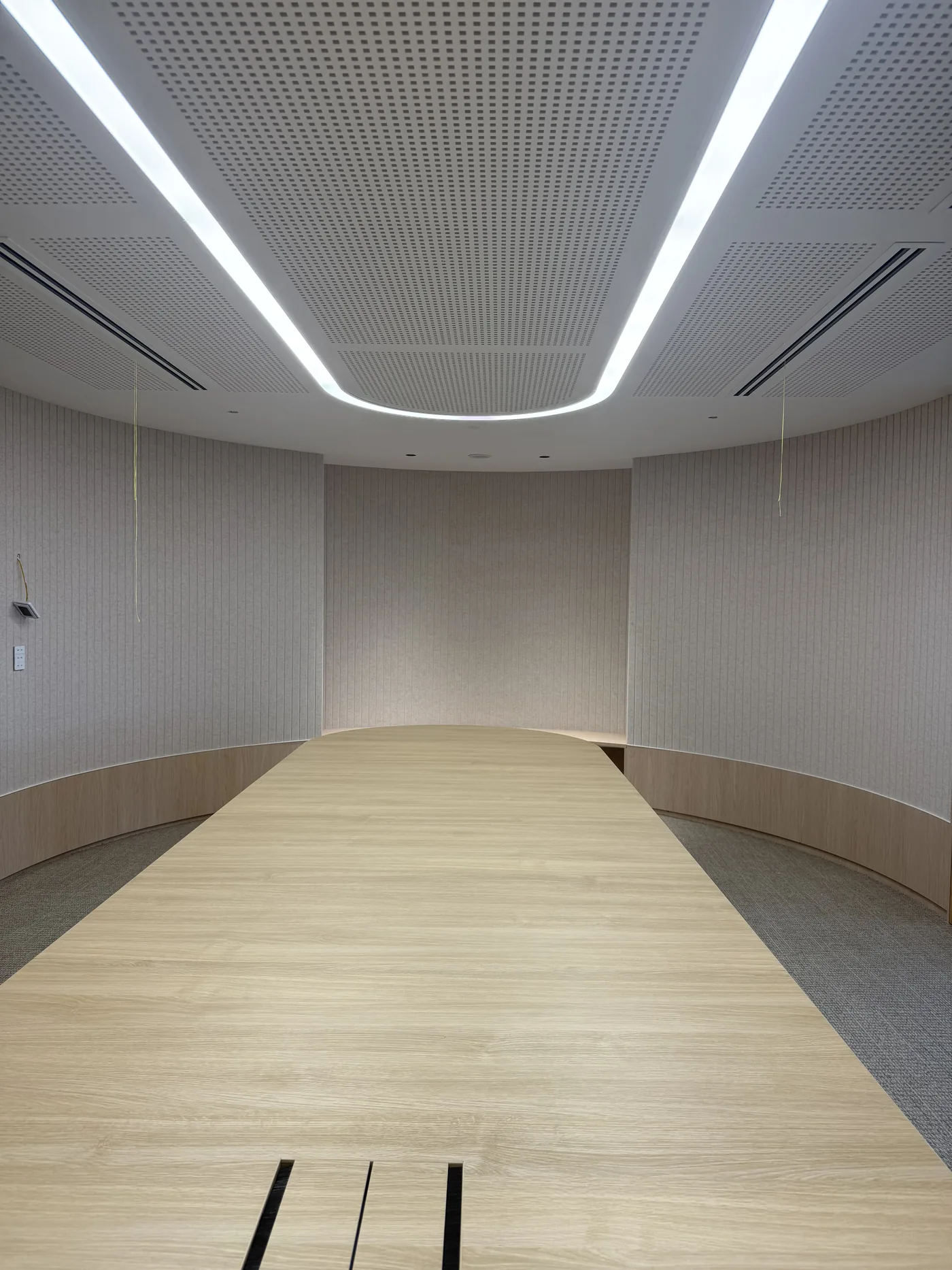 Curved meeting room with perforated acoustic ceiling tiles and linear recessed light