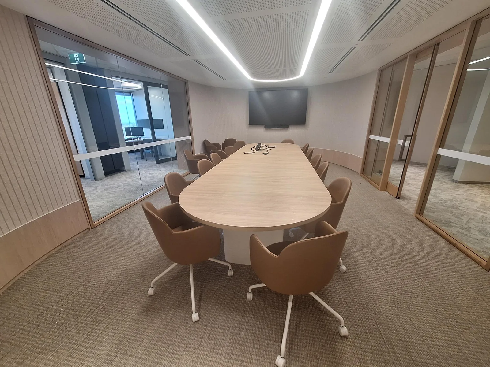Brisbane Fit Out — perforated acoustic ceiling in a curved conference room