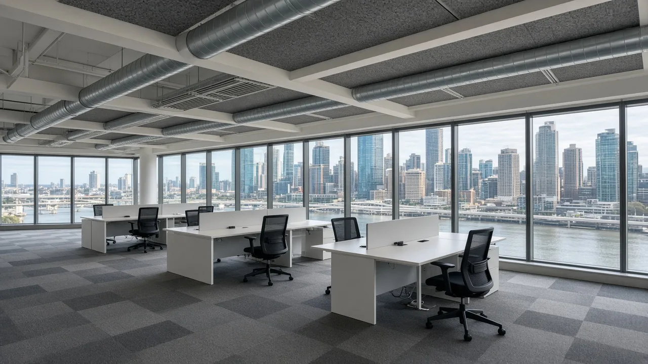 Wide view of dark grey acoustic ceiling panels and linear lights around live services