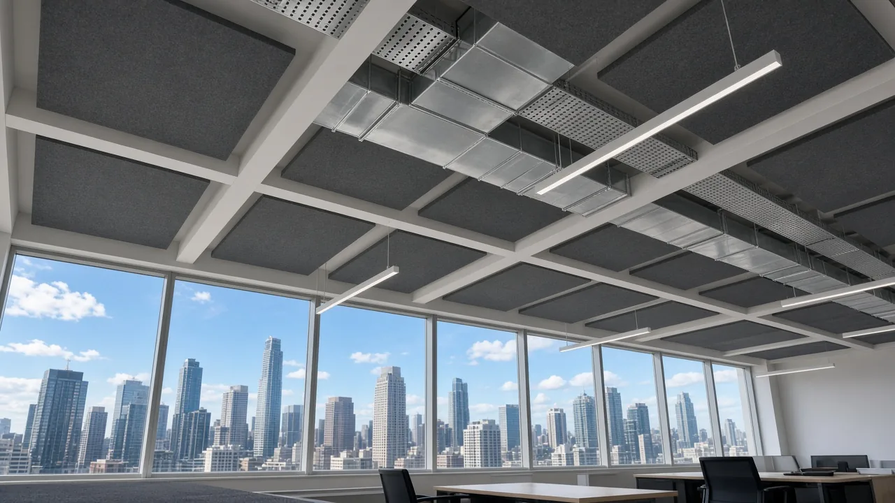 Acoustic panels cut neatly around cable tray and silver duct