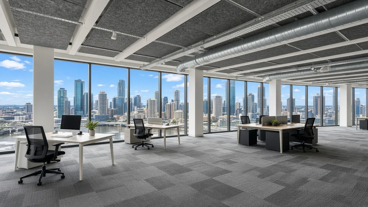 Dark grey acoustic ceiling panels between white beams around exposed silver HVAC — open-plan office, Brisbane